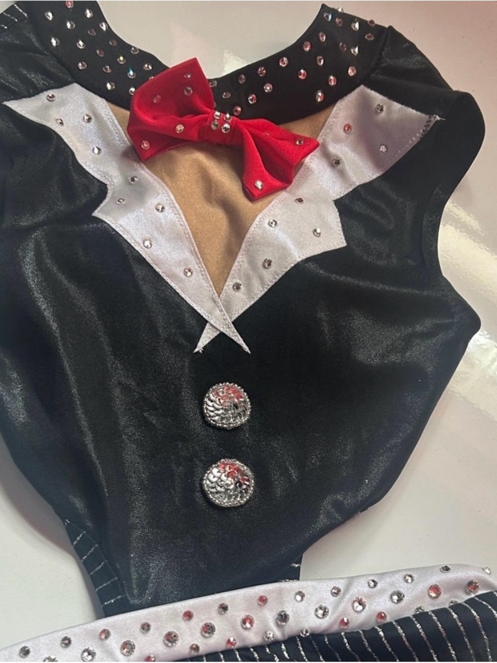 Black and Red Sequin Bow Leotard completely custom and Rhinestoned